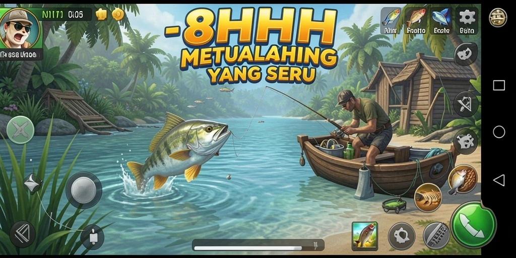 Screenshot utama 8HHH menampilkan aksi memancing yang mendebarkan.