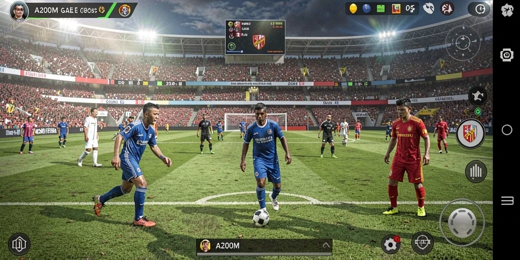 Screenshot A200M menampilkan gameplay seru dari pertandingan sepak bola.