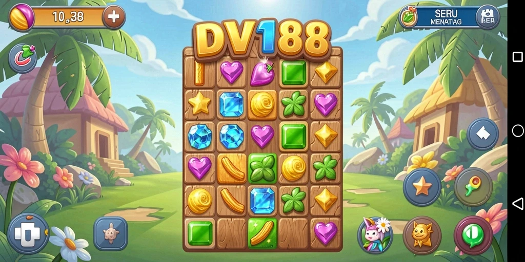 Screenshot gameplay utama DV188 menampilkan aksi mencocokkan permata.