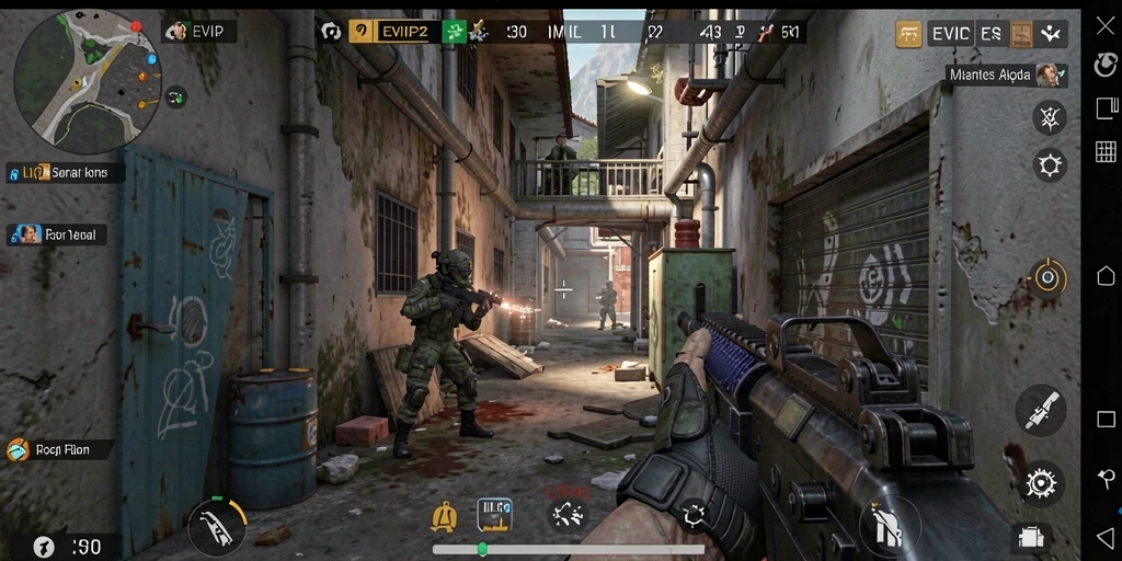 Screenshot gameplay menampilkan aksi tembak-menembak yang intens di EVIP2.