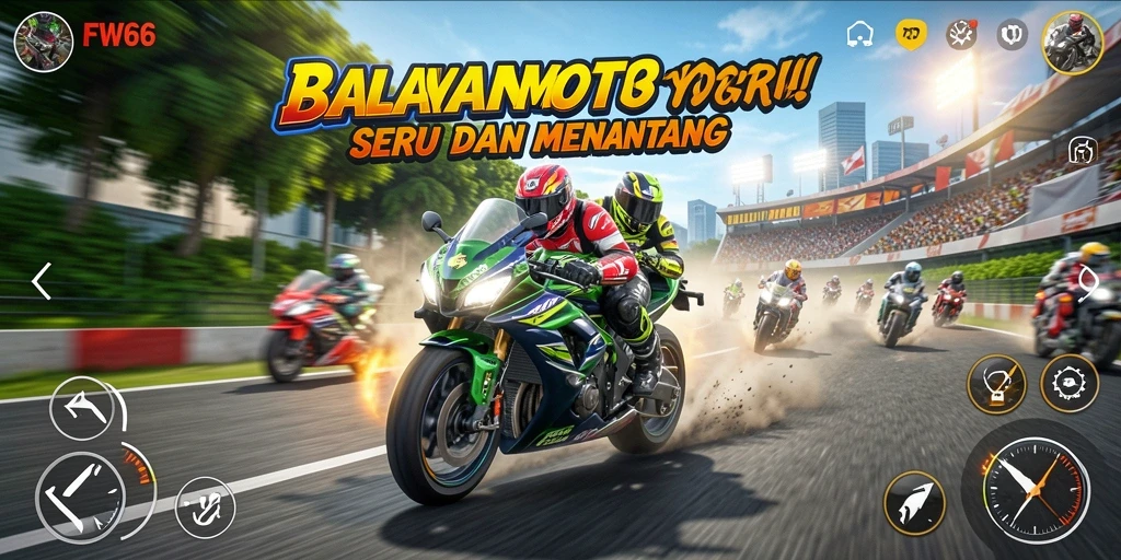 Screenshot FW66 menampilkan aksi balapan motor yang mendebarkan.
