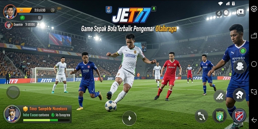 Screenshot gameplay JET77 yang menampilkan aksi pertandingan sepak bola yang intens.