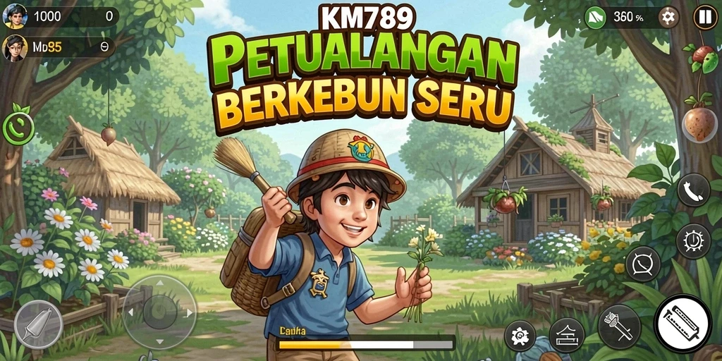 Screenshot game KM789 menampilkan ladang yang subur dan hasil panen yang melimpah.