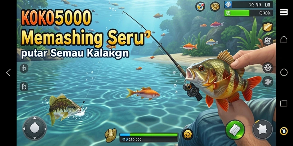 Tampilan gameplay KOKO5000 dengan aksi menangkap ikan yang seru dan menyenangkan.