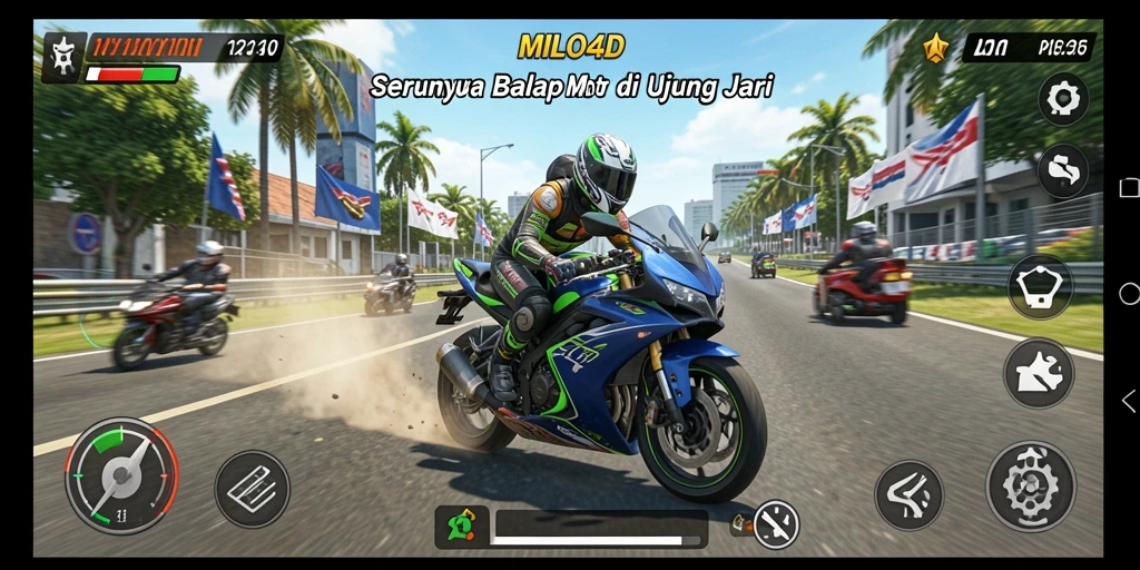 Tampilan gameplay seru di <strong>MILO4D</strong> dengan balapan motor penuh adrenalin.