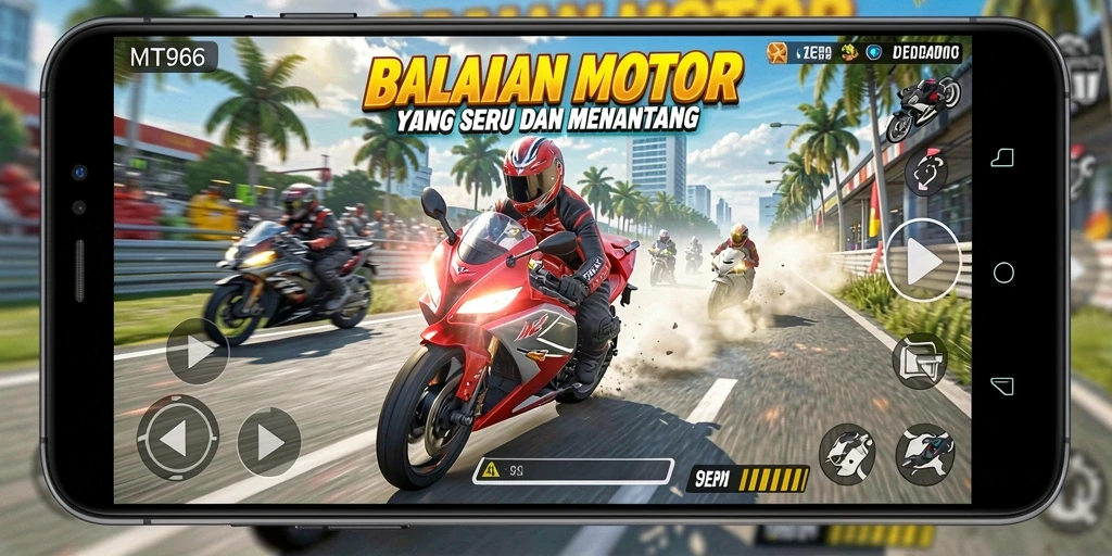 Screenshot gameplay MT966 yang menunjukkan aksi balapan motor yang seru.