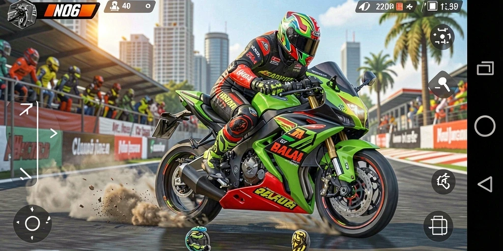 Tampilan gameplay seru balap motor di N06 dengan aksi mendebarkan.