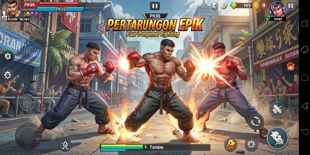 Tampilan tangkapan layar PK95 menunjukkan pertarungan seru dengan grafis menawan.