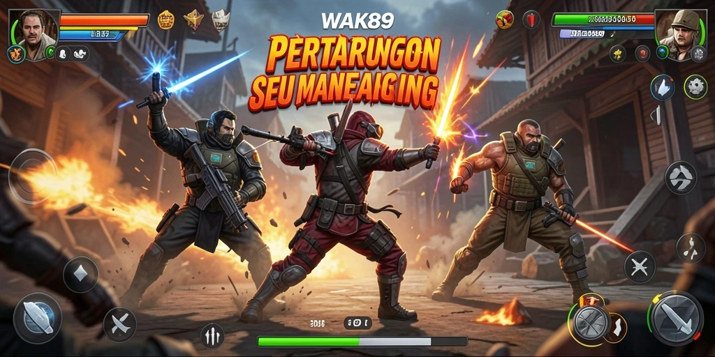 Screenshot utama WAK89 menunjukkan karakter dalam pertarungan yang intens.