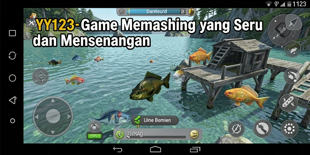 Tampilan gameplay YY123 dengan berbagai lokasi memancing yang menarik.